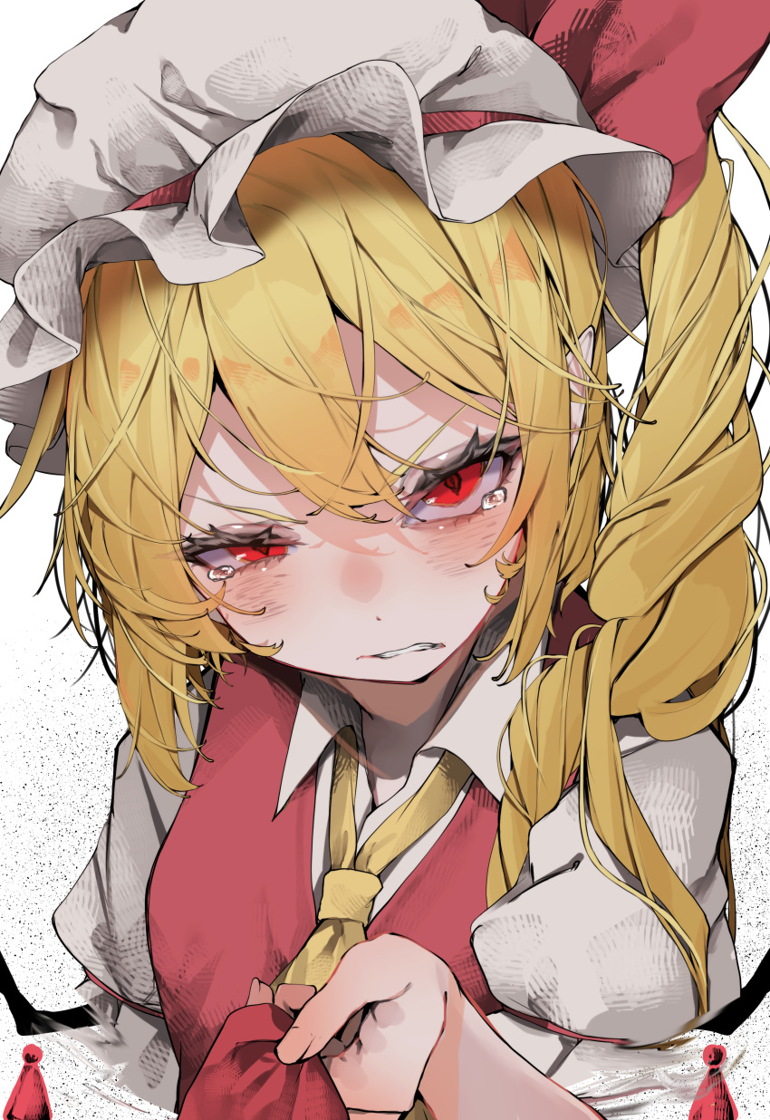 1girl absurdres ascot blonde_hair blush closed_mouth collared_shirt flandre_scarlet hat highres long_hair mob_cap one_side_up red_eyes red_skirt red_vest shirt skirt solo touhou tsune_(tune) vest white_headwear white_shirt yellow_ascot