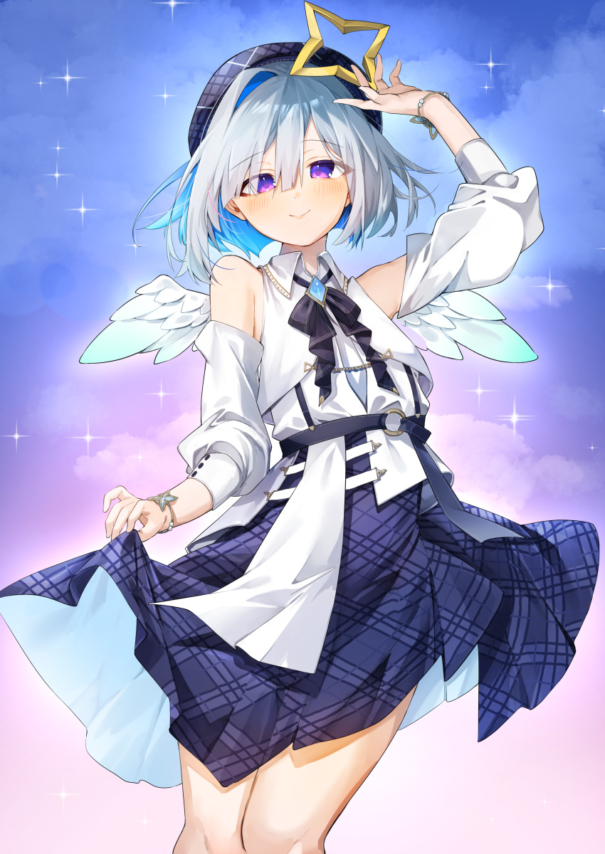 1girl absurdres amane_kanata arm_up bare_shoulders beret black_ribbon blue_dress blue_hair blue_headwear blush closed_mouth clouds cloudy_sky colored_inner_hair commentary_request detached_sleeves dress eme_(emeralda) feet_out_of_frame gradient_wings grey_hair hair_between_eyes halo hat highres hololive looking_at_viewer mini_wings multicolored_hair multicolored_wings neck_ribbon necktie plaid_headwear ribbon short_hair single_hair_intake skirt_hold sky smile solo sparkle star_halo variant_set violet_eyes virtual_youtuber white_necktie white_wings wings yellow_halo