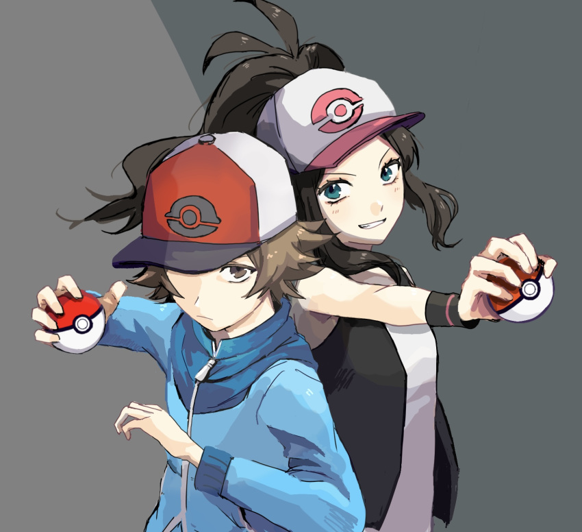 1boy 1girl antenna_hair baseball_cap blue_eyes blue_jacket brown_eyes brown_hair commentary_request hat highres hilbert_(pokemon) hilda_(pokemon) holding holding_poke_ball jacket looking_at_viewer poke_ball poke_ball_(basic) pokemon pokemon_bw satan3e28 smirk two-tone_background upper_body wristband
