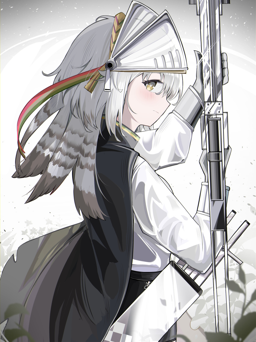 1girl absurdres arknights arm_up black_cape black_skirt blush brown_eyes cape closed_mouth fartooth_(arknights) gloves grey_gloves grey_hair gun hair_between_eyes hand_up highres holding holding_gun holding_weapon long_sleeves profile puffy_long_sleeves puffy_sleeves shirt skirt solo spam_(spamham4506) visor_(armor) weapon white_shirt