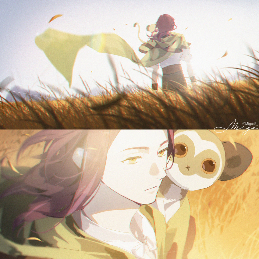 1boy absurdres animal_on_shoulder black_pants brown_hair cape closed_mouth deryk_(ff14) field final_fantasy final_fantasy_xiv floating_cape floating_hair from_behind grass green_cape highres long_hair male_focus migo45 monkey multiple_views opo-opo_(final_fantasy) pants signature solo standing wristband yellow_eyes