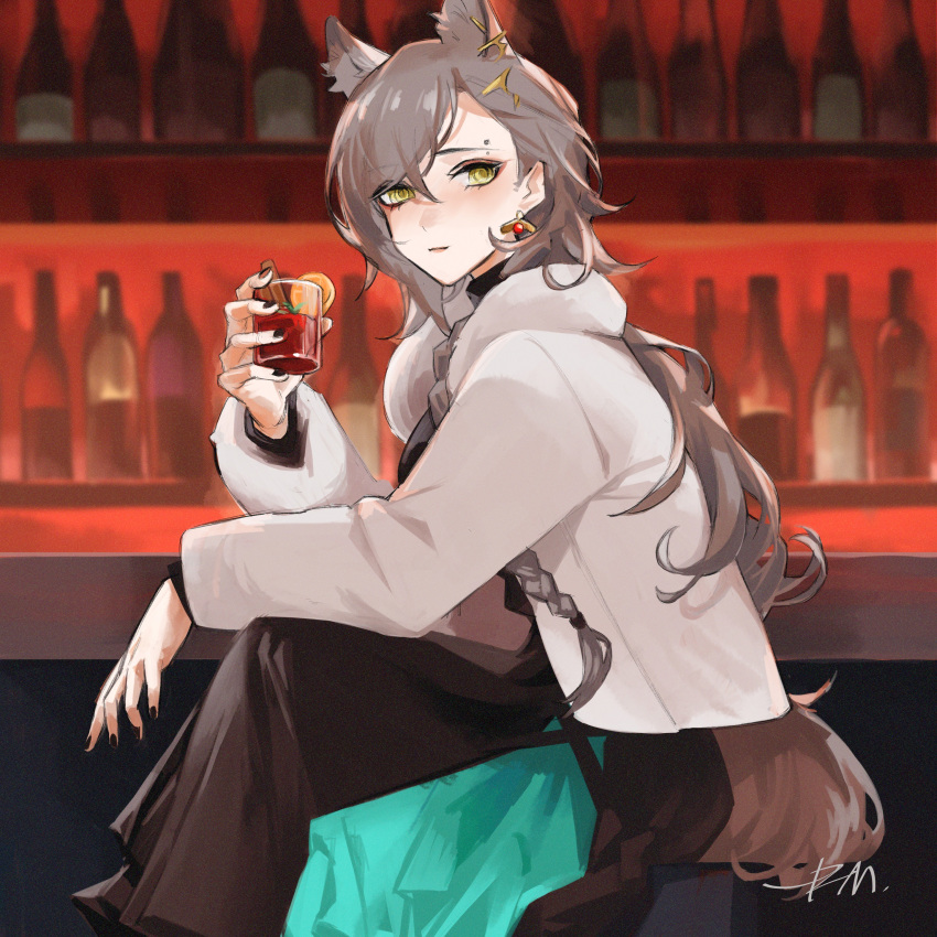 1girl absurdres alcohol animal_ears arknights bar_(place) black_nails braid brown_hair cup earrings feet_out_of_frame highres holding holding_cup jacket jewelry long_hair long_sleeves messy_hair penance_(arknights) signature single_braid sitting skirt solo stool tail tkmkm75 wolf_ears wolf_tail yellow_eyes