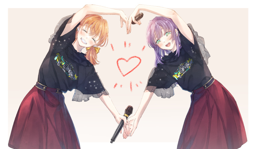 2girls alternate_hairstyle black_shirt cerise_bouquet closed_eyes commentary commentary_request facing_viewer green_eyes heart heart_hands heart_hands_duo highres hinoshita_kaho holding holding_microphone link!_like!_love_live! long_skirt looking_at_viewer love_live! medium_hair microphone mikagami_suzuha multiple_girls orange_hair otomune_kozue outside_border purple_hair red_skirt shirt skirt smile twintails upper_body yuri