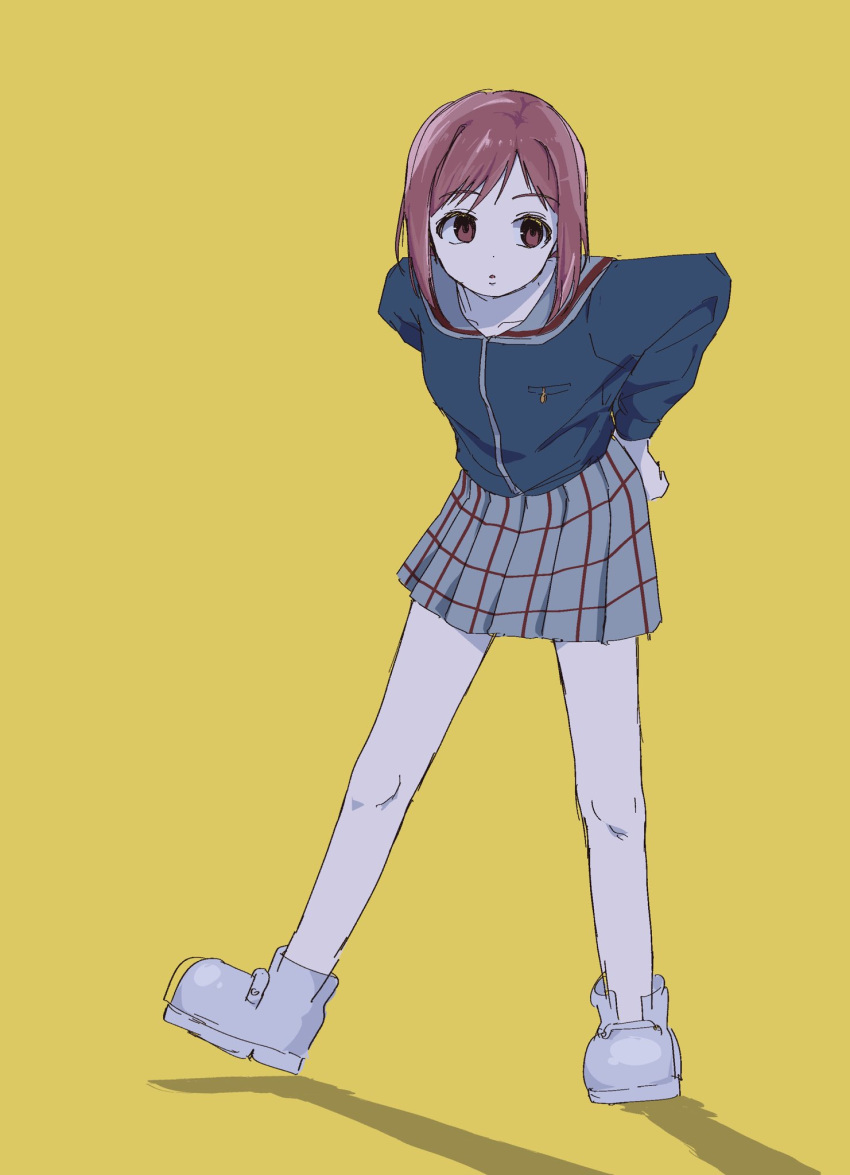 1girl brown_eyes flcl highres open_mouth redhead sailor_collar samejima_mamimi school_uniform shadow simple_background skirt solo t0y0 white_footwear yellow_background