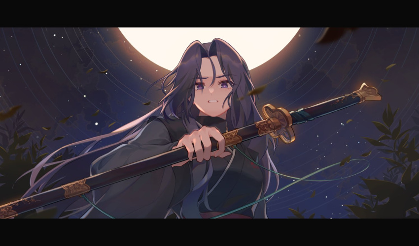 1girl black_hair bright_pupils falling_leaves hwaeum_person leaf long_hair long_sleeves looking_down moon night open_mouth return_of_the_mount_hua_sect sheath sheathed solo star_(sky) teeth upper_body violet_eyes white_pupils yu_iseol_(return_of_the_mount_hua_sect)