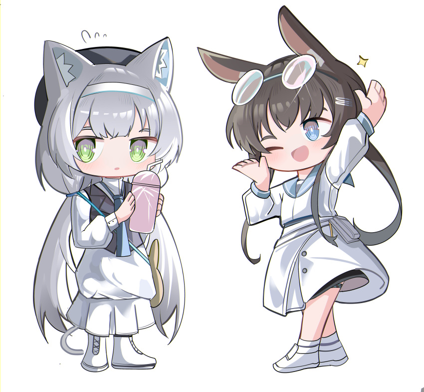 2girls ;d absurdres amiya_(arknights) animal_ear_fluff animal_ears arknights arm_up bendy_straw beret black_headwear blue_eyes blue_sailor_collar brown_hair cat_ears cat_girl cat_tail cup disposable_cup dress drinking_straw eyebrows_hidden_by_hair eyewear_on_head flying_sweatdrops green_eyes grey_hair hair_ornament hairband hairclip hat highres holding holding_cup long_sleeves low_twintails multiple_girls one_eye_closed ponytail puffy_long_sleeves puffy_sleeves rabbit_ears rosmontis_(arknights) round_eyewear sailor_collar sailor_dress simple_background smile spam_(spamham4506) sparkle tail twintails white_background white_dress white_hairband