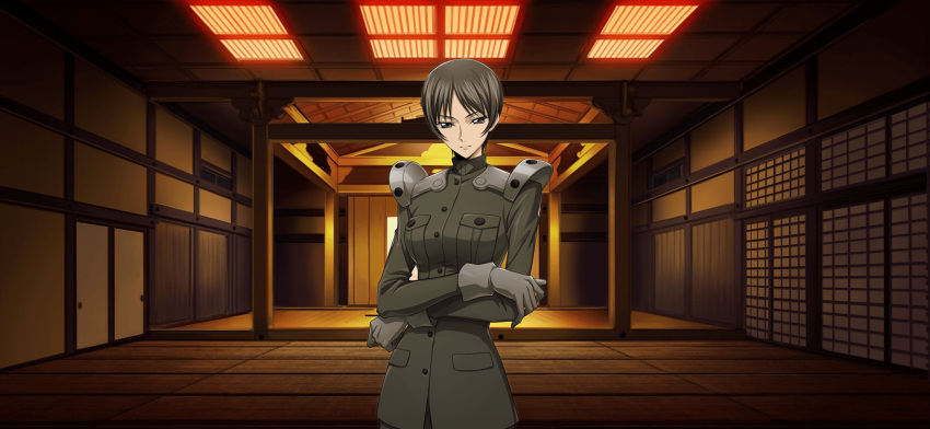 1girl architecture armor artist_request breast_pocket breasts brown_eyes brown_hair buttons chiba_nagisa closed_mouth code_geass code_geass:_lost_stories crossed_arms east_asian_architecture fusuma game_cg gloves green_jacket grey_gloves highres indoors jacket long_sleeves looking_at_viewer medium_breasts military_uniform non-web_source official_art pocket short_hair shouji shoulder_armor sidelocks sliding_doors solo standing uniform upper_body v-shaped_eyebrows