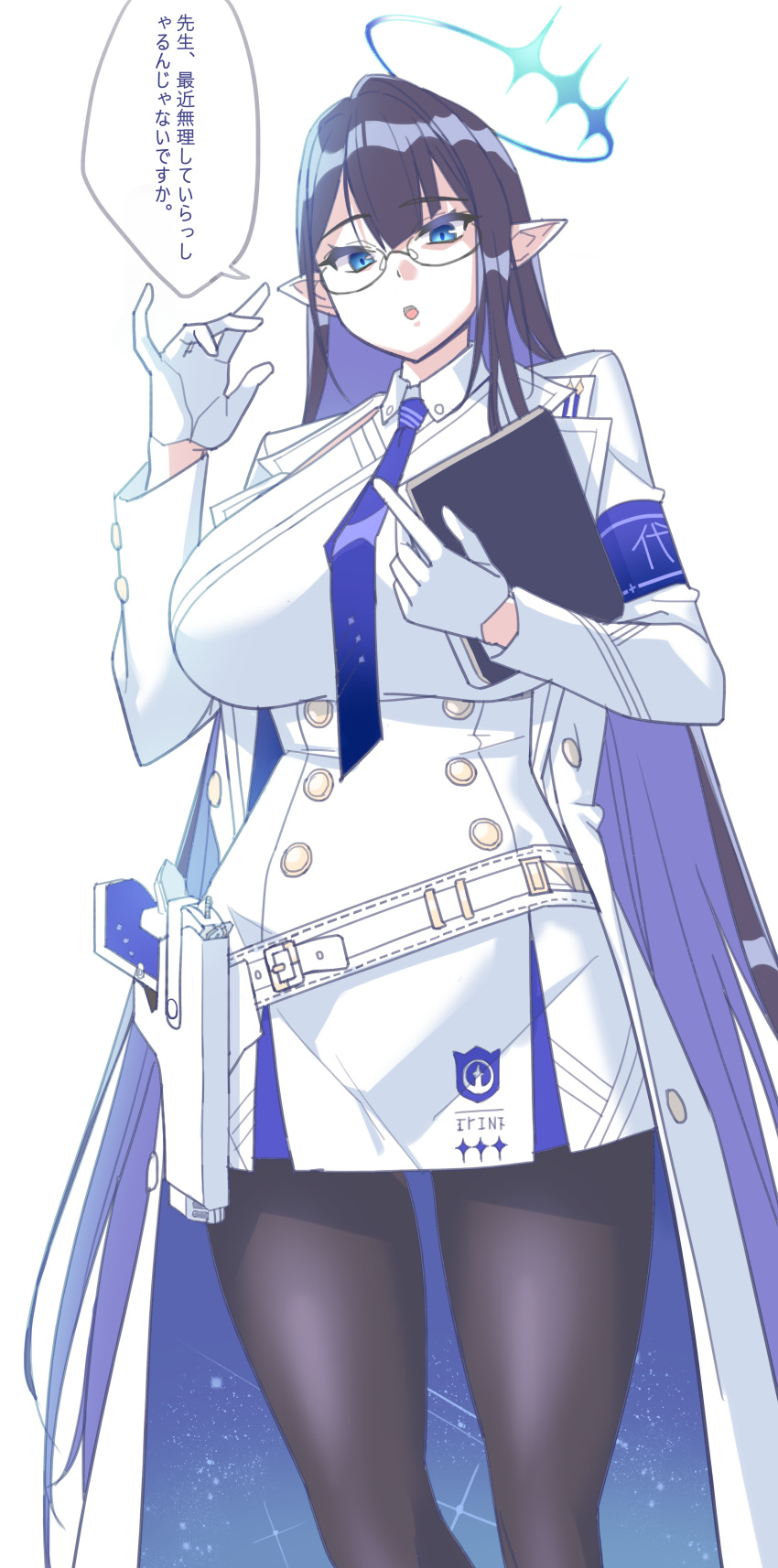 1girl absurdres black_hair black_pantyhose blue_archive blue_eyes blue_necktie breasts glasses gloves gun halo handgun highres large_breasts long_hair looking_at_viewer necktie nya_(73809635) pantyhose pointy_ears rin_(blue_archive) weapon white_gloves