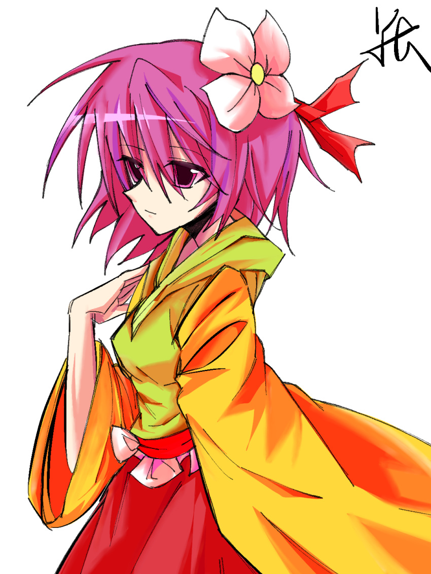 1girl breasts chinese_commentary closed_mouth commentary_request flower frills from_side green_shirt hair_flower hair_ornament hieda_no_akyuu highres long_sleeves medium_hair pink_eyes pink_hair red_skirt shirt simple_background skirt small_breasts solo touhou white_background white_flower wide_sleeves yellow_sleeves yuan_(yuan068533)