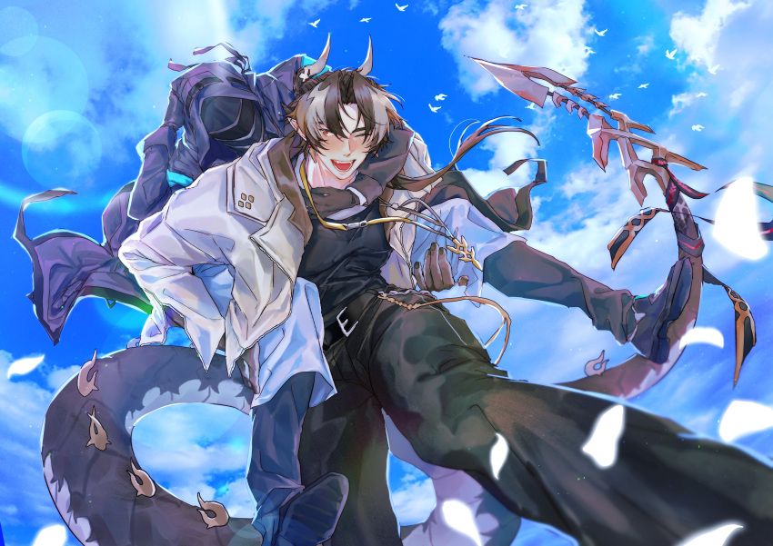 1boy 1other absurdres ambiguous_gender arknights arm_around_neck bird black_gloves black_hair black_pants black_shirt blue_background blue_coat blue_sky bright_pupils brown_hair carrying chong_yue_(alighting)_(arknights) chong_yue_(arknights) clouds cloudy_sky coat collared_jacket commentary_request doctor_(arknights) dragon_boy dragon_horns dragon_tail earrings fangs feet_out_of_frame from_below full_body gloves hand_on_own_head hands_up highres hood hood_up hooded_coat horns jacket jewelry korean_commentary lens_flare long_hair long_sleeves looking_at_viewer low_ponytail mask multicolored_hair necklace one_eye_closed open_clothes open_jacket open_mouth outdoors pants perspective piggyback pointy_ears red_eyes ribbon shirt simple_bird sky slit_pupils standing streaked_hair tail tail_ornament tail_ribbon very_long_tail walhee221 walking white_jacket white_pupils
