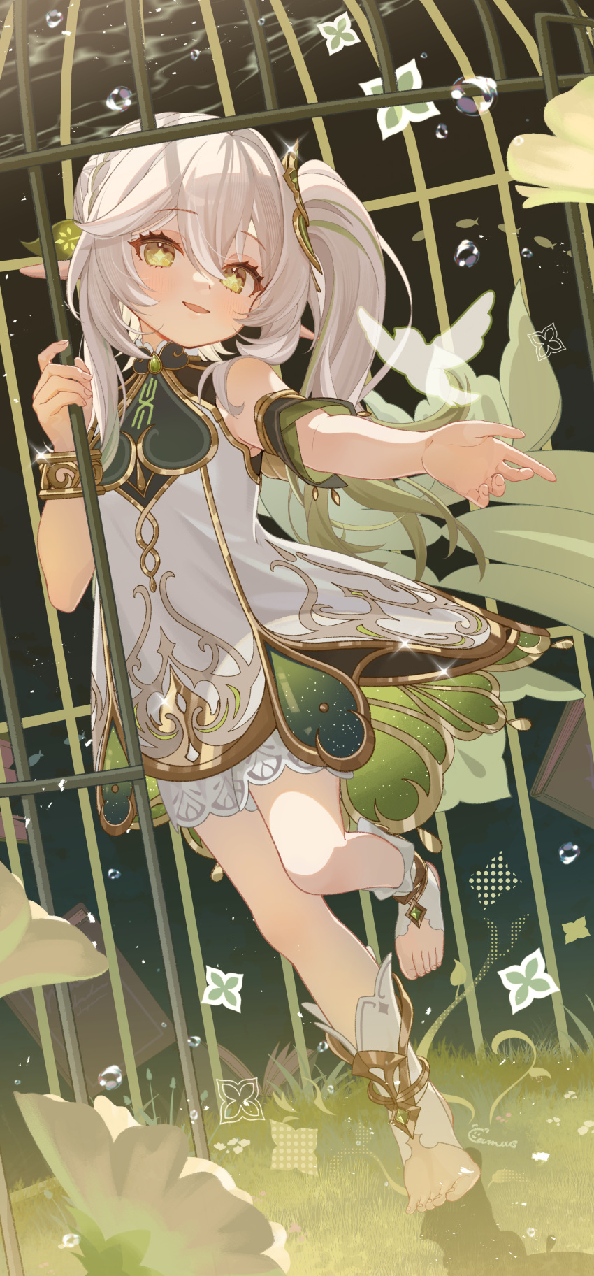 1girl absurdres arm_cuffs bird birdcage blush cage camunekoz commentary_request dress flower-shaped_pupils full_body genshin_impact gold_trim green_dress green_eyes hair_ornament highres looking_at_viewer nahida_(genshin_impact) parted_lips pointy_ears side_ponytail smile solo stirrup_footwear symbol-shaped_pupils white_dress white_footwear white_hair