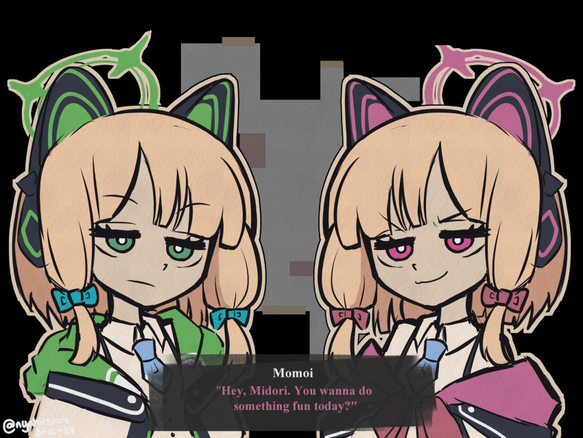2girls animal_ear_headphones animal_ears blue_archive cat_ear_headphones english_commentary english_text fake_animal_ears green_halo halo headphones highres midori_(blue_archive) momoi_(blue_archive) multiple_girls nemlei_(style) nyahiro pink_halo siblings sisters smug the_coffin_of_andy_and_leyley twins
