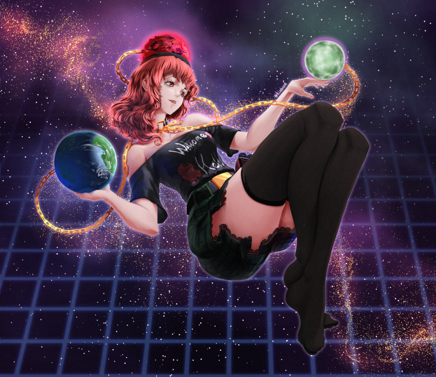 1girl absurdres belt black_shirt black_thighhighs chain clothes_writing earth_(ornament) grid hecatia_lapislazuli highres klabisot moon_(ornament) multicolored_clothes multicolored_skirt off-shoulder_shirt off_shoulder open_mouth plaid plaid_skirt red_eyes redhead shirt skirt solo space thigh-highs touhou