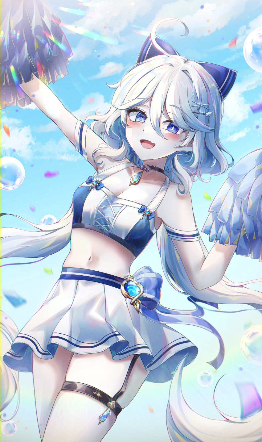 1girl absurdres blue_bow blue_brooch blue_eyes bow cheerleader clouds drop-shaped_pupils fang furina_(genshin_impact) genshin_impact hair_between_eyes hair_bow hair_ornament highres holding holding_pom_poms navel open_mouth pom_pom_(cheerleading) ryunbi skin_fang skirt smile solo white_hair
