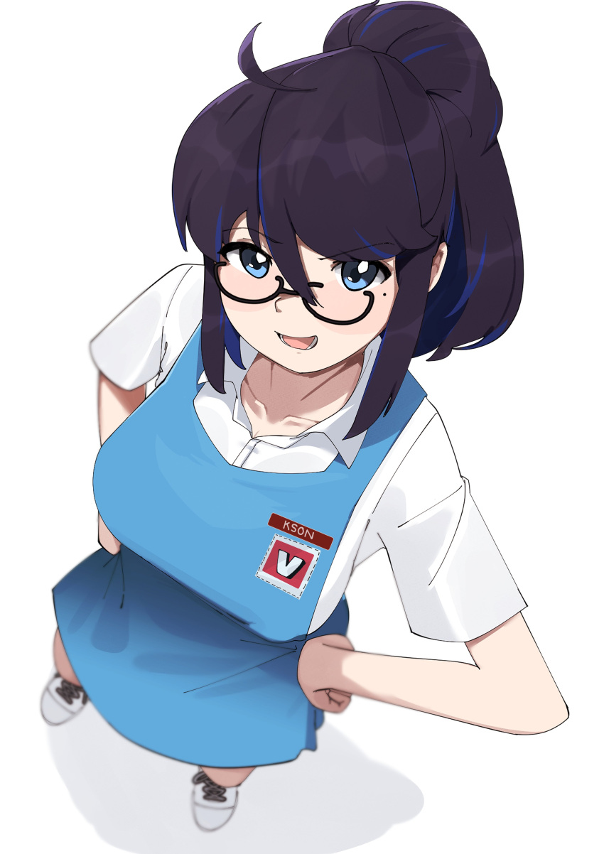 1girl absurdres ahoge alternate_costume blue_eyes blue_hair collarbone collared_shirt company_logo dress feeq glasses highres kson long_hair looking_at_viewer malaysian_secondary_school_uniform mole mole_under_eye multicolored_hair name_tag open_mouth pinafore_dress ponytail purple_hair school_emblem school_uniform shirt short_sleeves sleeveless sleeveless_dress solo streaked_hair virtual_youtuber vshojo white_footwear white_shirt