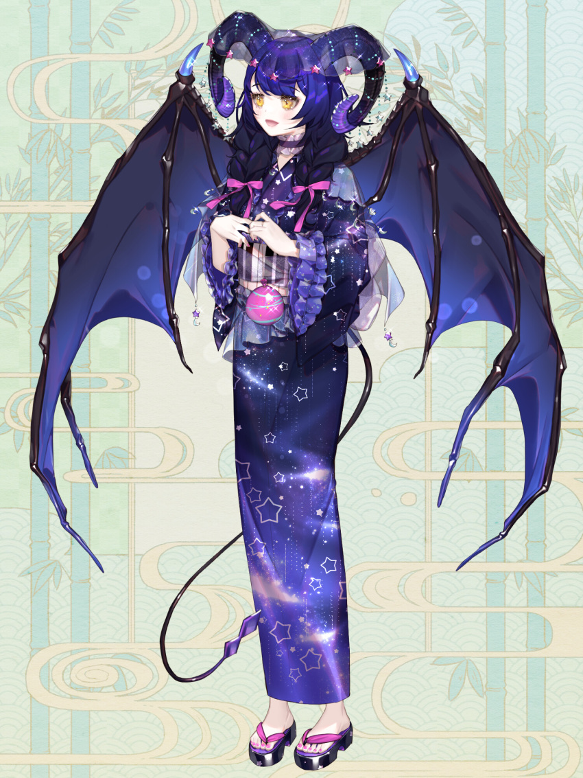 1girl :d bat_wings black_hair black_veil blue_capelet blue_wings braid capelet chain_paradox choker crescent curled_horns demon_girl demon_horns demon_tail demon_wings double-parted_bangs frilled_choker frilled_sleeves frills full_body geta gradient_hair green_background hair_ornament hair_over_shoulder hair_ribbon highres holding horns japanese_clothes kimono long_hair long_sleeves looking_ahead multicolored_hair nail_polish natalia_phinehas piano_print pink_nails pink_ribbon purple_choker purple_hair purple_horns purple_kimono ribbon sash see-through see-through_capelet shichimi smile solo star_(symbol) star_hair_ornament star_print starry_sky_print tail toenail_polish toenails twin_braids veil water_yoyo white_sash wide_sleeves wings yellow_eyes yukata