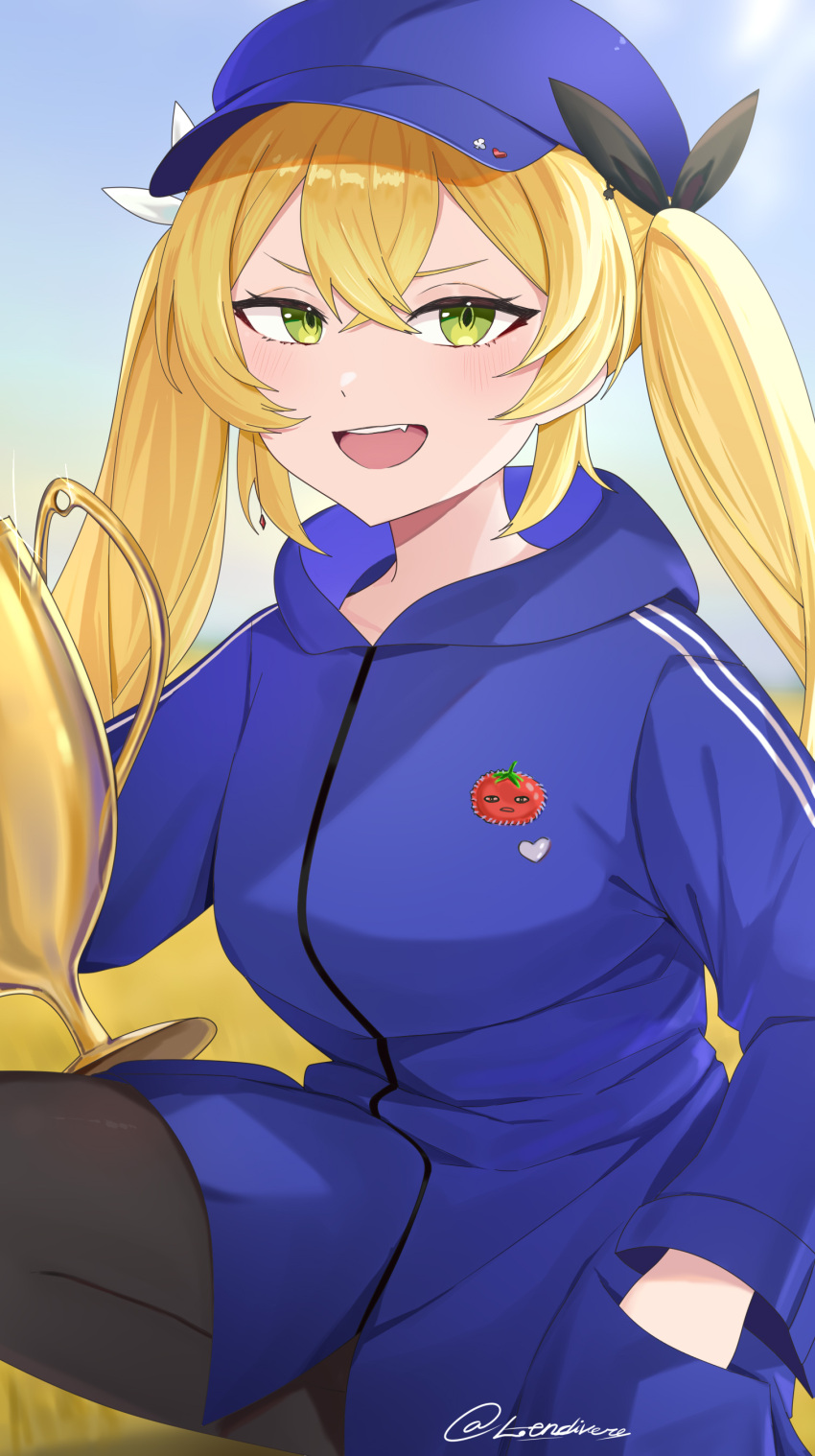 1girl absurdres baseball_cap black_pantyhose black_ribbon blonde_hair blue_headwear blue_jacket breasts crossed_bangs dokibird_(vtuber) green_eyes hair_ribbon hand_in_pocket hat highres indie_virtual_youtuber jacket lendivere open_mouth pantyhose ribbon signature solo teeth tomato track_jacket trophy twintails upper_teeth_only virtual_youtuber white_ribbon