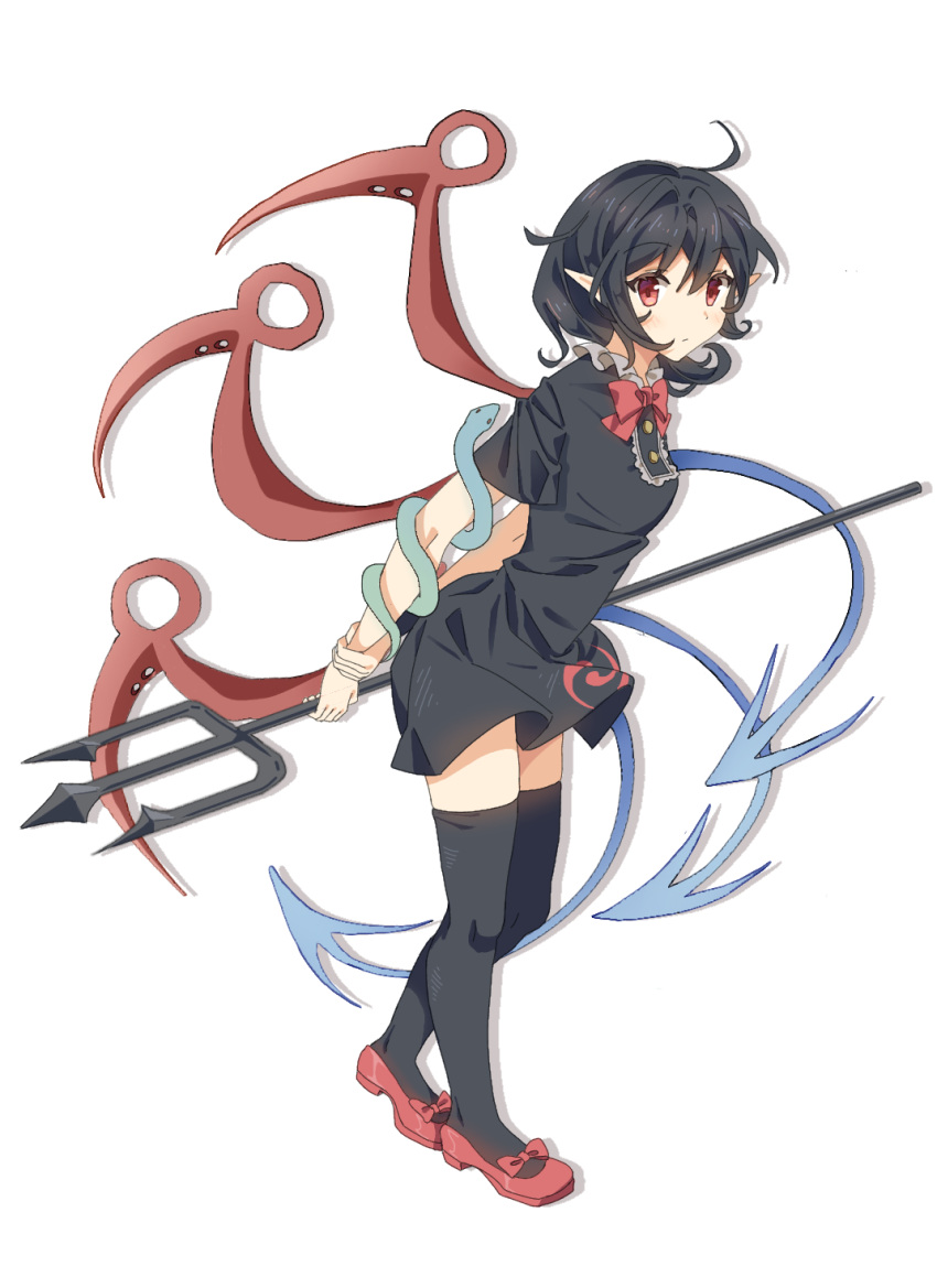 1girl black_dress black_hair black_thighhighs bow breasts chinese_commentary closed_mouth commentary_request dress full_body highres holding_trident houjuu_nue jian_xing_zao neck_ribbon pointy_ears red_bow red_eyes red_footwear red_ribbon ribbon short_hair short_sleeves simple_background small_breasts solo thigh-highs touhou white_background