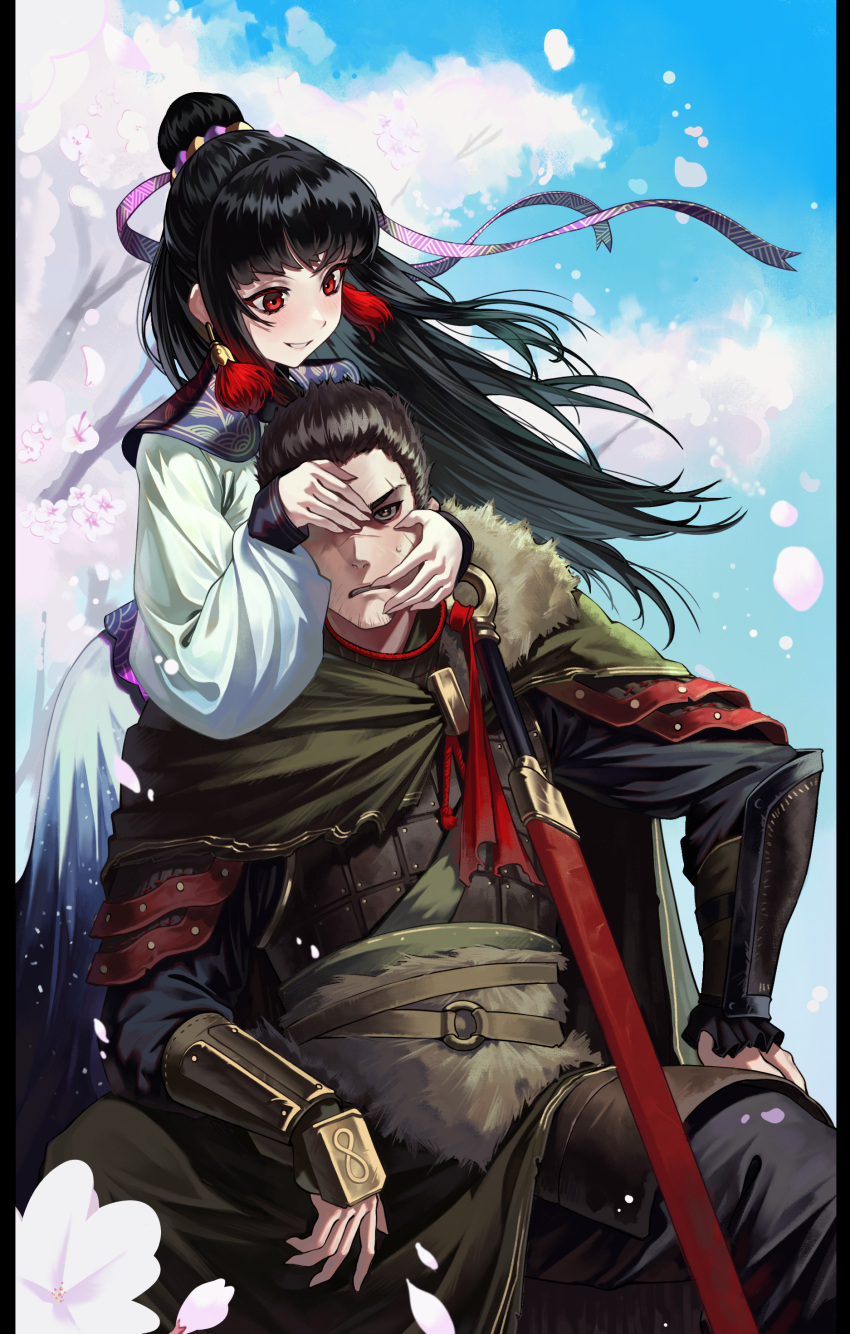 1boy 1girl absurdres arm_support armor black_hair blue_sky cherry_blossoms chinese_clothes cloak commentary contrapposto cover covering_another's_eye english_commentary falling_petals frown fur_trim gauntlets gemi_ningen green_cloak hair_ribbon hand_on_another's_cheek hand_on_another's_face hands_on_another's_face hanfu highres jeon_ho jian_(weapon) jin_soyeon looking_at_another looking_to_the_side petals player_na_wa polearm profile red_eyes ribbon scar sidelocks sitting sky smile standing sword topknot tree waist_sash weapon