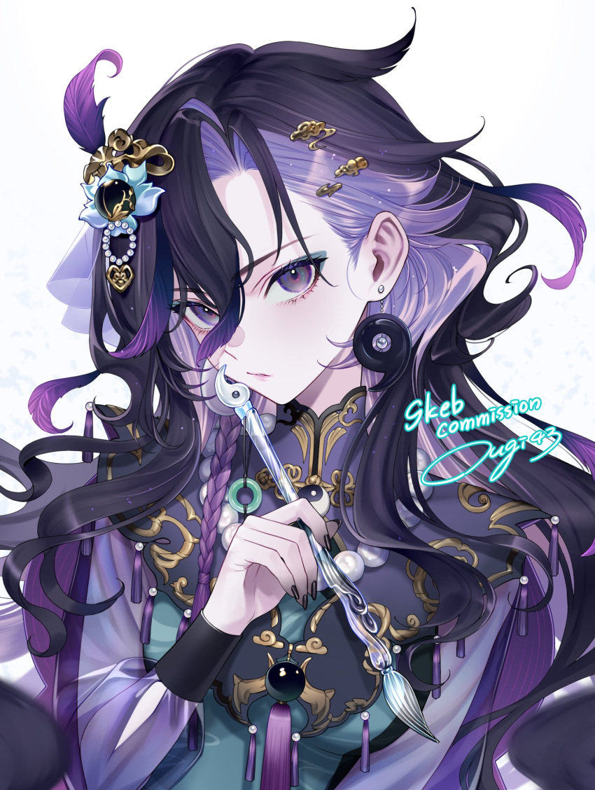 1girl black_hair black_nails breasts chimachi closed_mouth commission dress earrings hair_ornament highres holding holding_paintbrush jewelry long_hair long_sleeves looking_at_viewer medium_breasts multicolored_hair original paid_reward_available paintbrush purple_dress purple_hair simple_background skeb_commission solo upper_body violet_eyes white_background