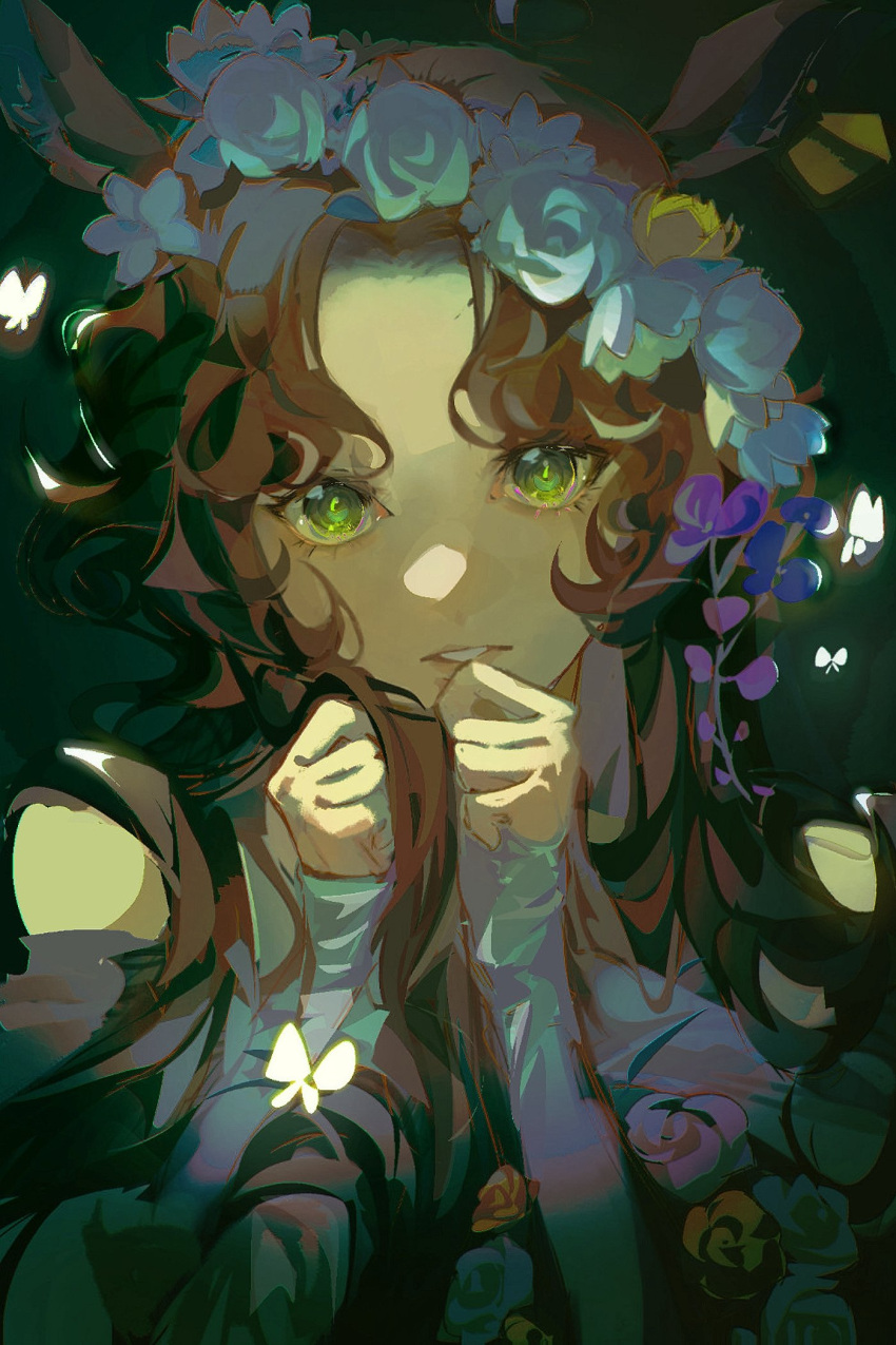 1girl animal_ears bare_shoulders brown_hair bug butterfly dark_background deer_ears deer_girl ear_tag flower flower_wreath green_eyes hands_up highres holding holding_hair jessica_(reverse:1999) long_hair looking_at_viewer off_shoulder parted_lips portrait reverse:1999 rose shirt sleeves_past_wrists solo sucipto_de_goya white_butterfly white_flower white_rose white_shirt