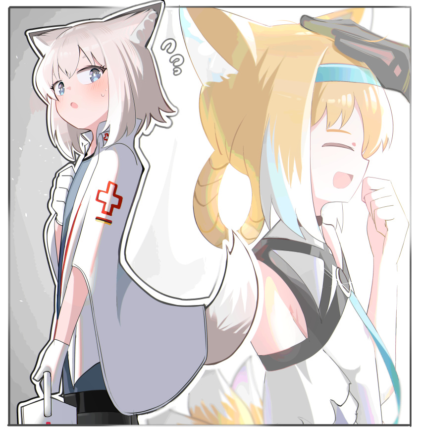 1other 2girls :d ^_^ absurdres animal_ear_fluff animal_ears arknights bare_shoulders black_gloves black_pantyhose blonde_hair blue_dress blue_eyes blue_hairband blush braid brown_hair closed_eyes dress flying_sweatdrops fox_ears fox_girl fox_tail gloves hair_rings hairband hand_up headpat highres holding jacket kitsune multicolored_hair multiple_girls out_of_frame outline pantyhose parted_lips profile shirt smile spam_(spamham4506) sussurro_(arknights) suzuran_(arknights) sweat tail two-tone_hair white_hair white_jacket white_outline white_shirt