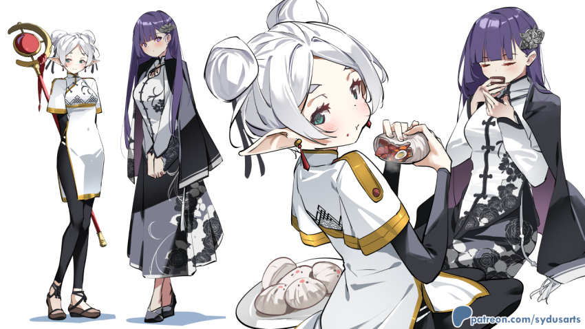 2girls artist_name black_dress black_footwear blush bun_(food) capelet china_dress chinese_clothes closed_mouth clothing_cutout cup double_bun dress earrings eating elf fern_(sousou_no_frieren) food food_on_face frieren full_body green_eyes grey_hair hair_bun holding holding_cup holding_food holding_staff jewelry long_hair long_sleeves looking_at_viewer mage_staff multiple_girls multiple_views parted_bangs patreon_logo patreon_username pelvic_curtain pink_nails pointy_ears print_dress purple_hair shirt shoes short_hair side_slit smile sousou_no_frieren staff standing sydus very_long_hair violet_eyes web_address white_background white_hair