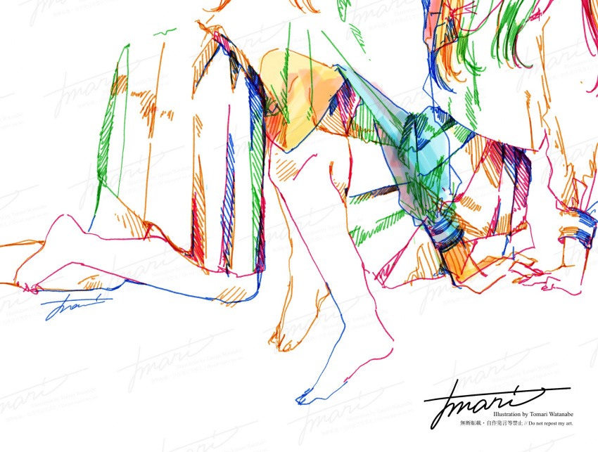 2girls all_fours artist_name barefoot colorful commentary_request hatching_(texture) head_out_of_frame highres implied_kiss long_hair long_sleeves multiple_girls original pleated_skirt sailor_collar sailor_shirt school_uniform see-through serafuku shirt signature simple_background sitting skirt watanabe_tomari watermark white_background yuri