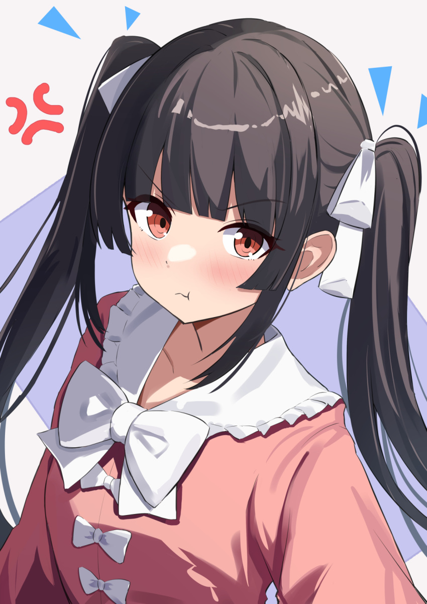 1girl :t alternate_hairstyle amenocchi anger_vein black_hair blunt_bangs blunt_ends blush bow closed_mouth commentary_request frilled_shirt_collar frills hair_ribbon highres hime_cut houraisan_kaguya long_hair looking_at_viewer pink_shirt pout red_eyes ribbon shirt sidelighting sidelocks simple_background solo straight_hair touhou tsurime twintails upper_body white_background white_bow white_ribbon