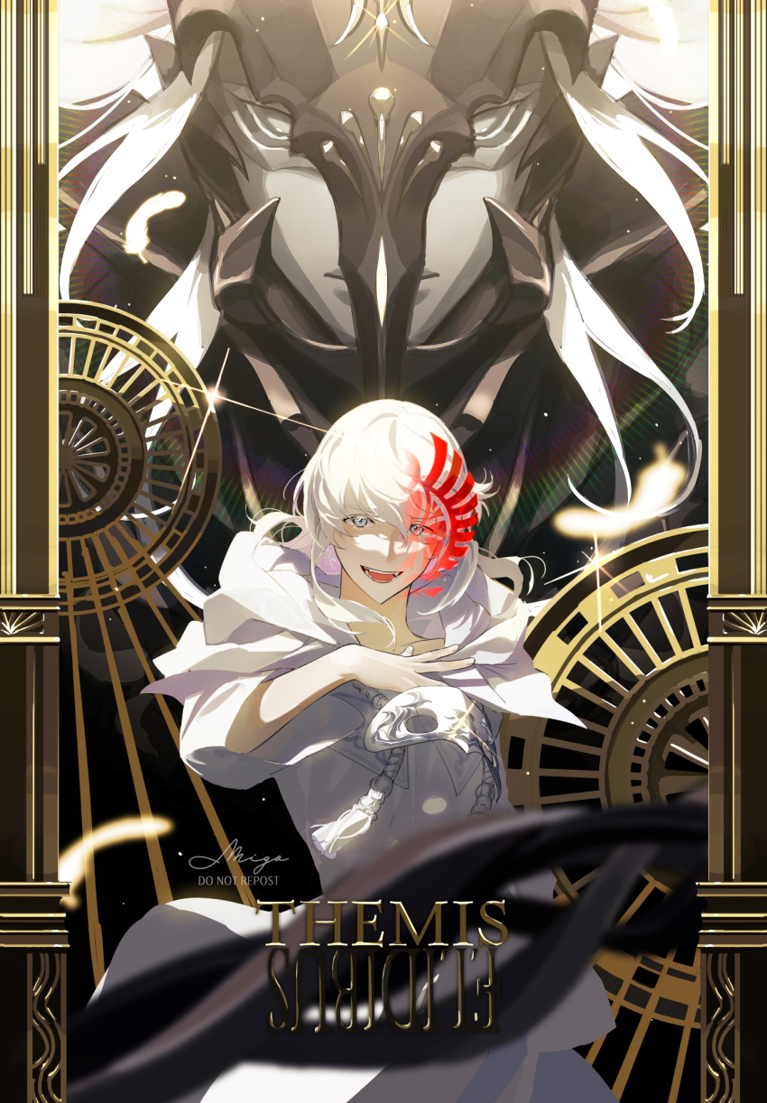 1boy :d ascian_glyph dual_persona final_fantasy final_fantasy_xiv grey_eyes hand_on_own_chest helmet highres looking_at_viewer mask mask_around_neck migo45 signature smile sophist's_robe_(ff14) standing tassel themis_(ff14) white_hair