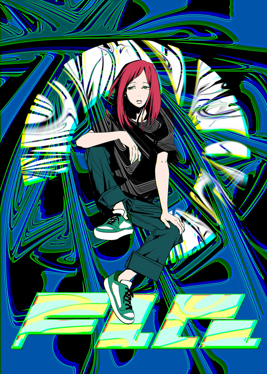 1girl 2000s_(style) absurdres denim fashion flcl green_eyes green_footwear highres invisible_chair jeans lips omh204 pants redhead samejima_mamimi sitting solo