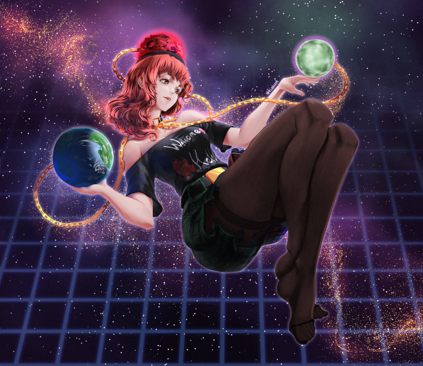 1girl absurdres belt black_pantyhose black_shirt chain clothes_writing earth_(ornament) grid hecatia_lapislazuli highres klabisot moon_(ornament) multicolored_clothes multicolored_skirt off-shoulder_shirt off_shoulder open_mouth pantyhose plaid plaid_skirt red_eyes redhead shirt skirt solo space touhou