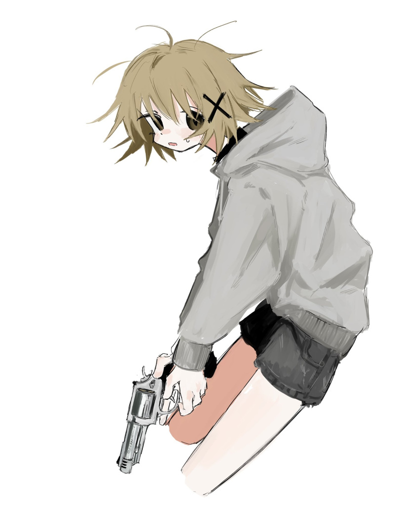 1girl ahoge alternate_costume black_eyes black_shorts brown_hair cropped_legs from_side grey_hoodie gun hair_ornament hidamari_sketch highres holding holding_gun holding_weapon hood hood_down hoodie long_sleeves looking_at_viewer looking_to_the_side open_mouth revolver s&amp;w_500 short_shorts shorts simple_background solo sweat trigger_discipline tsuda_hayato two-handed weapon white_background x_hair_ornament yuno_(hidamari_sketch)