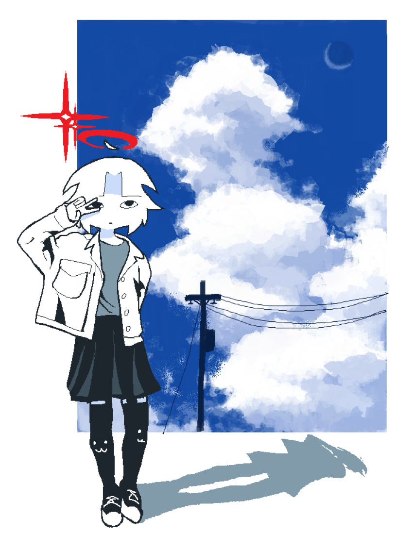 1girl absurdres ahoge arm_behind_back black_footwear black_skirt black_thighhighs blue_sky border chewchewer closed_mouth clouds cloudy_sky colored_skin crescent_moon curtained_hair detached_ahoge expressionless grey_shirt halo highres jacket lens_flare looking_up microsoft_paint_(medium) mob_face moon nyan_(chewchewer) original pleated_skirt pocket power_lines print_thighhighs red_halo shadow shirt shoes short_hair skirt sky solo sparkle thigh-highs v white_border white_jacket white_skin