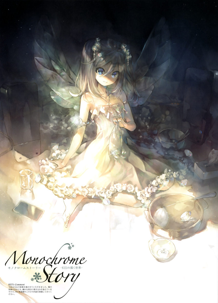 absurdres bare_arms bare_legs barefoot beads blue_eyes cellphone chopsticks closed_mouth cup dark_background dress english_text fairy fairy_wings flower grey_dress grey_hair grey_wings hair_beads hair_between_eyes hair_ornament highres kei_(keigarou) ladle light_smile long_hair looking_at_viewer non-web_source original phone scan shade sitting smartphone spoon tissue_box wariza white_flower wings