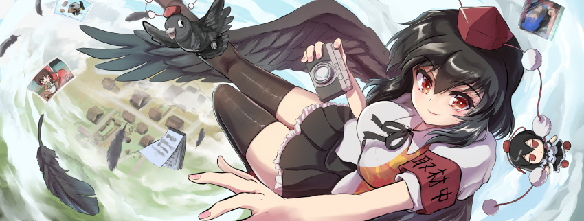 1girl armband bird bird_wings black_feathers black_hair black_ribbon black_skirt black_thighhighs black_wings breasts camera character_doll closed_mouth commentary_request crow feathered_wings feathers flying frilled_skirt frills fumo_(doll) hakurei_reimu hat highres holding holding_camera jitome large_breasts leaf_print looking_at_viewer medium_hair miniskirt namiki_(remiter00) neck_ribbon notepad photo_(object) pleated_skirt pom_pom_(clothes) puffy_short_sleeves puffy_sleeves red_eyes red_headwear ribbon shameimaru_aya shameimaru_aya_(crow) shirt short_sleeves skirt smile solo thigh-highs tokin_hat touhou white_shirt wings zettai_ryouiki