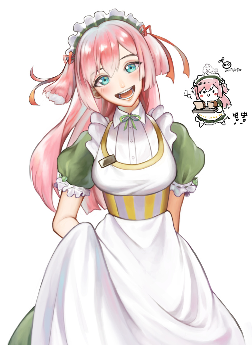 1girl :d apron blue_eyes blunt_ends chibi chibi_inset dress green_dress head_tilt highres long_hair looking_at_viewer lumeru_33 maid_headdress original pink_hair puffy_short_sleeves puffy_sleeves short_sleeves simple_background smile solo twintails white_apron white_background