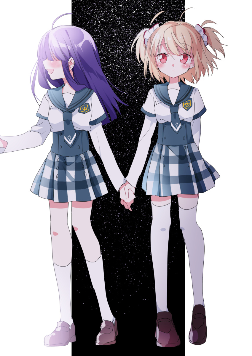 2girls :d ahoge ayano_rika ayumaru_(art_of_life) blonde_hair blue_necktie blue_sailor_collar blue_skirt breast_pocket chuuou_academy_school_uniform faceless faceless_female facing_to_the_side gingham_skirt hair_over_eyes highres holding_hands layered_sleeves loafers long_hair long_sleeves looking_at_another magia_record:_mahou_shoujo_madoka_magica_gaiden mahou_shoujo_madoka_magica miniskirt multiple_girls necktie open_mouth plaid plaid_skirt pleated_skirt pocket purple_hair red_eyes rika's_ex_(madoka_magica) sailor_collar school_emblem school_uniform serafuku shirt shoes short_hair short_necktie short_over_long_sleeves short_sleeves skirt smile socks standing thigh-highs two_side_up white_shirt white_socks white_thighhighs yuri