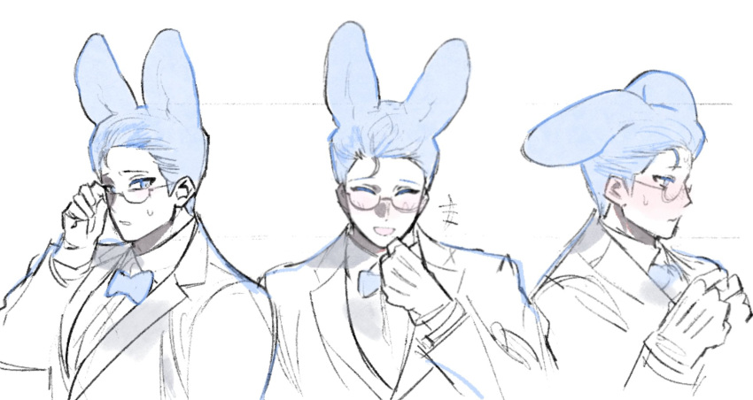 +++ 1boy adjusting_eyewear animal_ears blue_bow blue_bowtie blue_eyes blue_hair blush bow bowtie bright_pupils closed_eyes collared_jacket collared_shirt colored_eyelashes glasses gloves hand_up highres jacket korean_commentary long_sleeves looking_at_viewer male_focus multiple_views open_mouth original rabbit_boy rabbit_ears sasi_mozzi1 shirt short_hair simple_background sketch suit upper_body very_short_hair white_background white_gloves white_jacket white_shirt white_suit