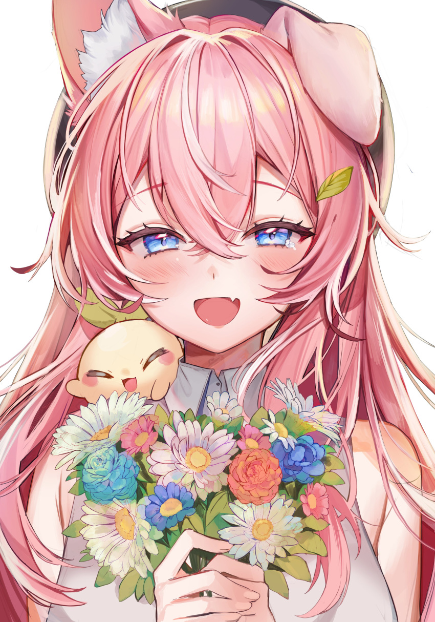 1girl absurdres animal_ear_fluff animal_ears bare_shoulders blue_eyes brown_headwear commentary creature creature_on_shoulder crossed_bangs dog_ears dog_girl ear_down english_commentary fang flower hair_between_eyes highres holding holding_flower indie_virtual_youtuber looking_at_viewer on_shoulder open_mouth pink_hair shirt simple_background skin_fang sleeveless sleeveless_shirt smile tearing_up upper_body white_background white_shirt yuniiho yuniiho_(vtuber)