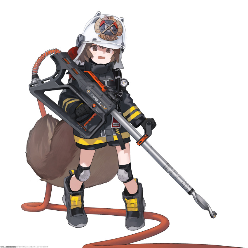 1girl @_@ animal_ears animal_hat arknights astg black_footwear black_gloves black_jacket boots brown_eyes brown_hair commentary_request fake_animal_ears fire_helmet firefighter_jacket full_body gloves hat highres holding jacket knee_pads long_sleeves open_mouth shaw_(arknights) simple_background solo squirrel_tail standing tail white_background white_headwear