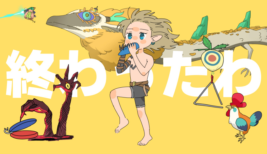 1boy animal bare_legs barefoot belt bird black_hands black_shorts character_request chicken colored_extremities dragon earrings eastern_dragon floating_hair grey_hair instrument jewelry kyoufuu_all_back_(vocaloid) light_brown_hair link male_focus master_sword music ocarina playing_instrument pointy_ears reaching rocket shorts the_legend_of_zelda the_legend_of_zelda:_tears_of_the_kingdom topless_male triangle_(instrument) walking yurian_(user_utch8788)