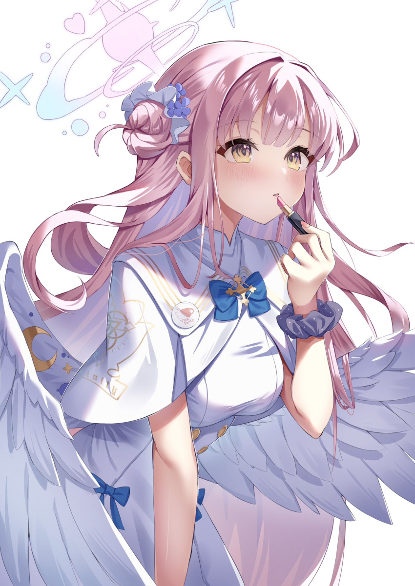1girl angel_wings applying_makeup black_scrunchie blue_archive blue_ribbon blush breasts capelet dress feathered_wings flower frilled_ribbon frills hair_bun hair_flower hair_ornament halo highres lipstick long_hair low_wings makeup mika_(blue_archive) pink_hair pink_halo ribbon rykysd scrunchie simple_background single_side_bun solo tea_party_(blue_archive) white_capelet white_dress white_wings wing_ornament wings wrist_scrunchie yellow_eyes