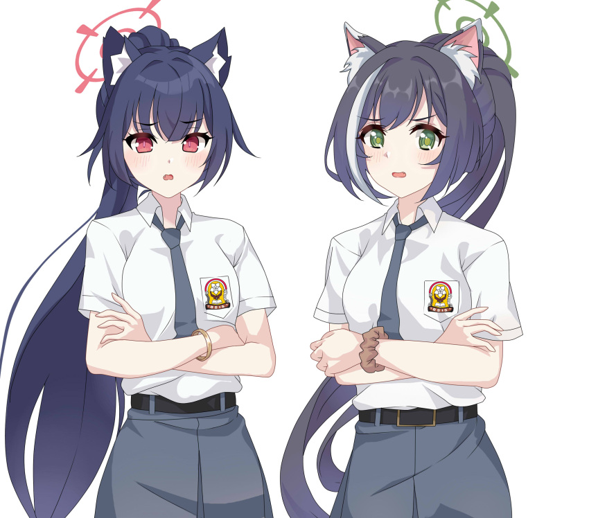 2girls black_hair blue_archive blue_necktie blue_skirt collared_shirt commentary crossed_arms green_eyes halo highres indonesian_high_school_uniform karyl_(princess_connect!) long_hair looking_at_viewer maxwelzy multicolored_hair multiple_girls necktie open_mouth ponytail princess_connect! red_eyes school_uniform scrunchie serika_(blue_archive) shirt short_sleeves sidelocks skirt streaked_hair trait_connection upper_body very_long_hair white_background white_hair white_shirt wrist_scrunchie