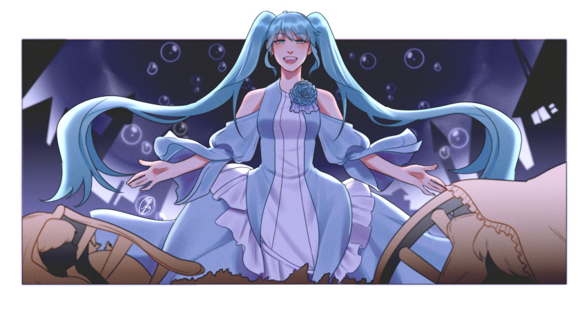 1girl absurdres aqua_eyes aqua_rose bare_shoulders bubble building clothing_cutout clouds cloudy_sky dress dress_flower evil_smile evillious_nendaiki false_smile fisheye floating_hair frilled_dress frills half-closed_eyes hatsune_miku highres light_blue_dress lilithappiness long_hair margarita_blankenheim nemurase_hime_kara_no_okurimono_(vocaloid) open_mouth puffy_sleeves shoulder_cutout sidelocks silhouette sky smile solo solo_focus twintails very_long_hair vocaloid wide_sleeves