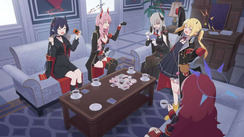 5girls armband black_gloves black_hair black_horns blonde_hair blue_archive breasts card chiaki_(blue_archive) closed_eyes coffee coffee_mug coin coin_on_string couch cup demon_horns food fruit gehenna_academy_logo gloves grey_hair hair_over_one_eye halo hat highres holding_pendulum holed_coin horns hypnotizing_viewer ibuki_(blue_archive) indoors iroha_(blue_archive) large_breasts long_hair makoto_(blue_archive) mandarin_orange mikan_battery mug multicolored_horns multiple_girls necktie on_couch open_mouth pandemonium_society_(blue_archive) pendulum pink_hair playing_card pointy_ears red_garter_straps red_halo red_necktie red_wrist_cuffs redhead satsuki_(blue_archive) smile table two-tone_horns wrist_cuffs yellow_halo