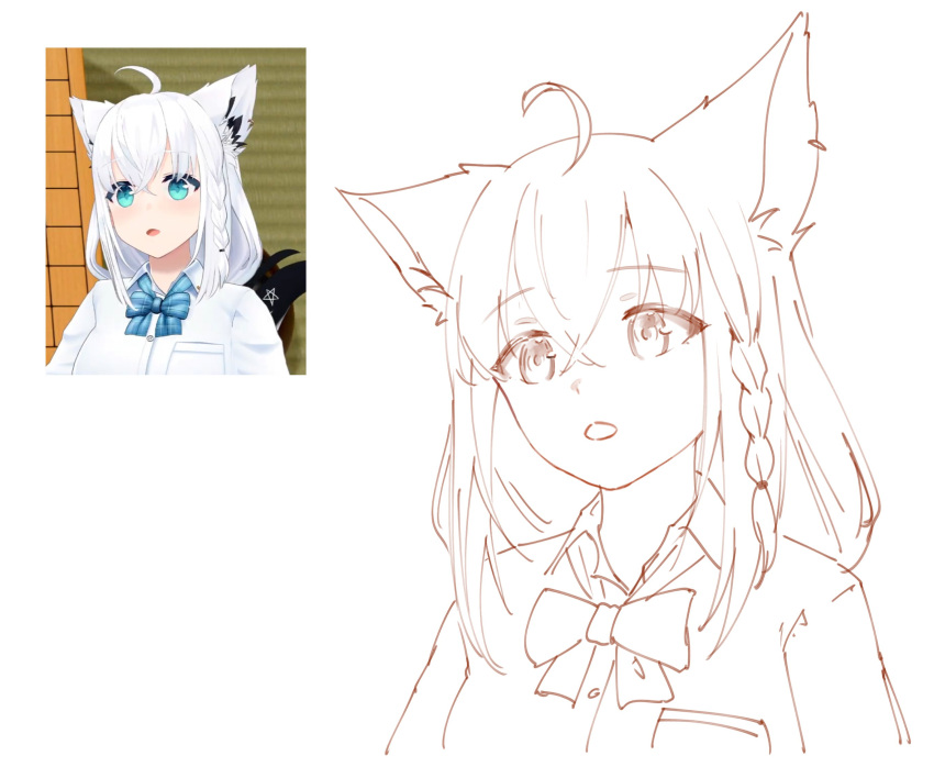 1girl ahoge alternate_costume animal_ear_fluff animal_ears aqua_eyes black_tail braid crossed_bangs double-parted_bangs fox_ears fox_girl fox_tail highres hololive hyde_(tabakko) long_hair low-tied_long_hair multicolored_tail pentagram reference_inset shirakami_fubuki side_braid sidelocks simple_background single_braid sketch solo tail virtual_youtuber white_background white_hair white_tail