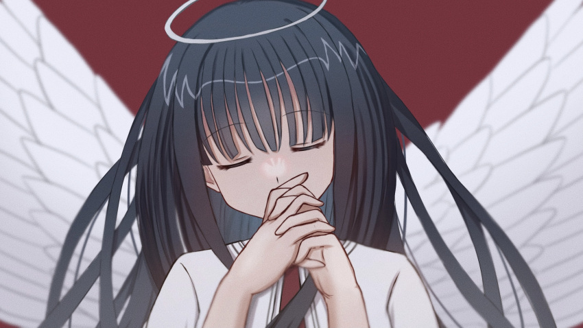 1girl angel angel_wings black_hair blunt_bangs blurry capelet closed_eyes commentary covered_mouth depth_of_field facing_viewer floating_hair halo hands_up head_tilt highres interlocked_fingers long_hair mahigu_re necktie own_hands_together praying red_background red_necktie school_uniform simple_background solo subarashiki_hibi takashima_zakuro white_capelet white_wings wings