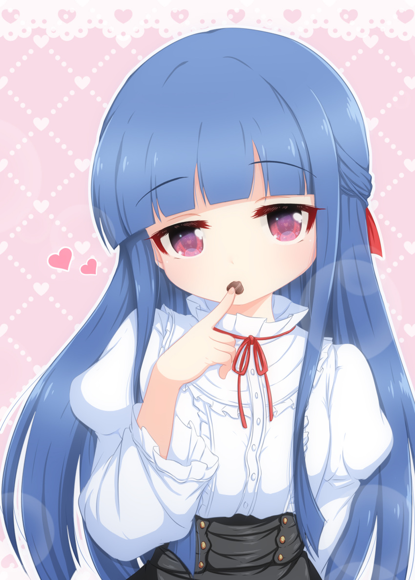 1girl black_skirt blue_hair blunt_bangs candy chocolate commentary_request food food_in_mouth heart heart-shaped_chocolate highres hosizora_mikoto idolmaster idolmaster_cinderella_girls long_hair long_sleeves looking_at_viewer neck_ribbon pink_background red_eyes red_ribbon ribbon sajo_yukimi shirt sidelocks skirt solo white_shirt