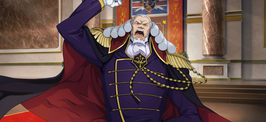 1boy arm_behind_back arm_up artist_request ascot beard britannian_flag cape charles_zi_britannia clenched_hand code_geass code_geass:_lost_stories epaulettes facial_hair flag forehead full_beard furrowed_brow game_cg gloves grey_hair highres indoors jacket long_hair looking_at_viewer male_focus military_uniform non-web_source official_art old old_man open_mouth pillar purple_jacket red_cape shouting solo standing teeth tongue two-sided_cape two-sided_fabric uniform upper_body v-shaped_eyebrows violet_eyes white_ascot white_gloves